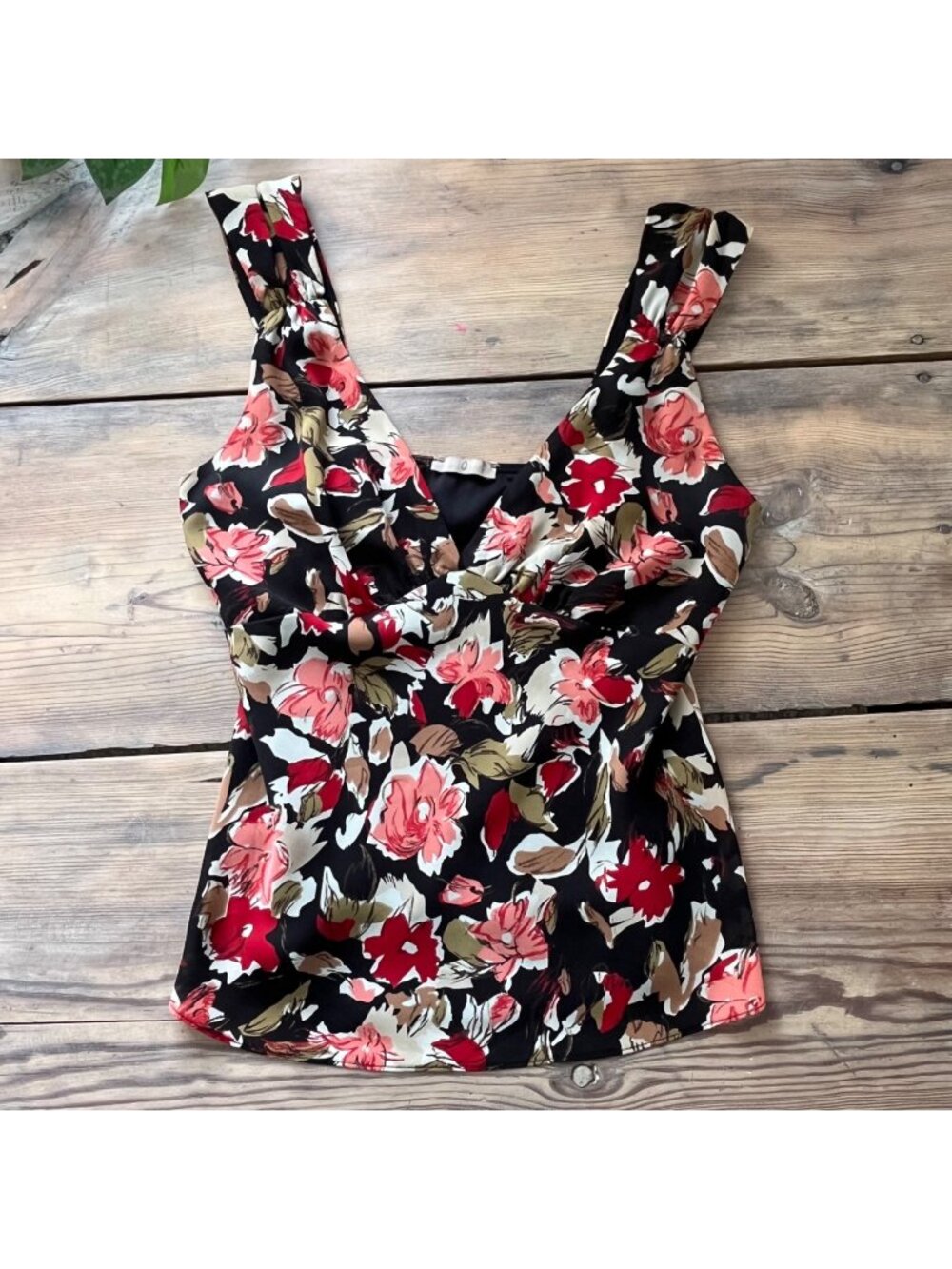 Vintage Y2K Floral Tank Blouse Womens M V-Neck Ruched